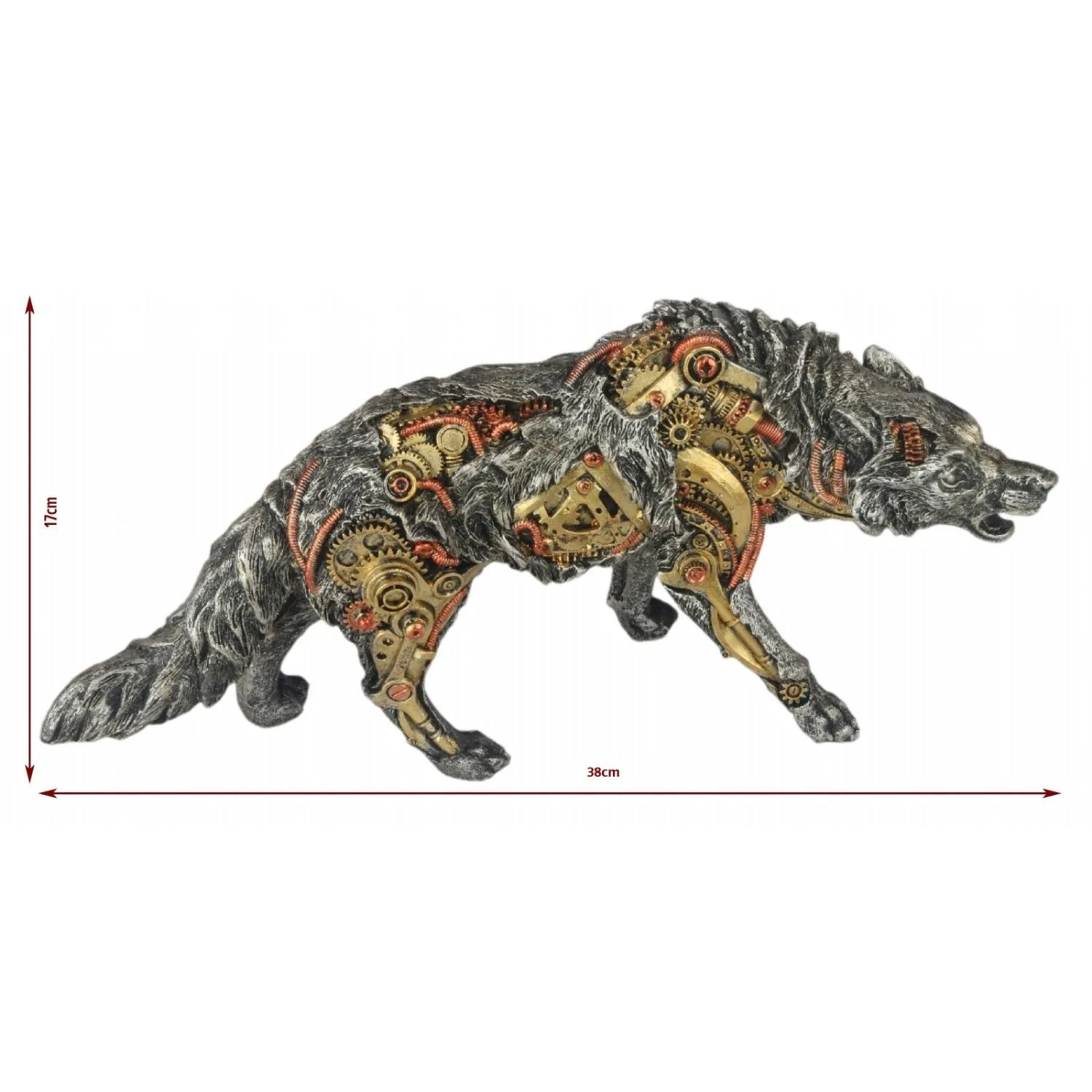 Decorative wolf figurine with mechanical design on a white background-Mystic-Cave