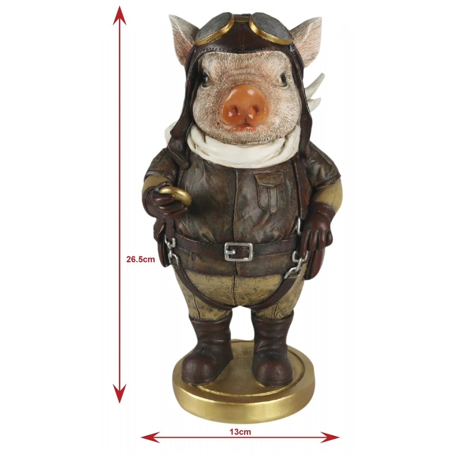 Statue of a pig in a pilot outfit with measurements on a white background-Mystic-Cave