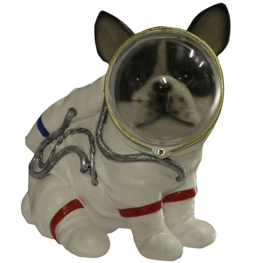 Dog figurine wearing an astronaut helmet on a white background-Mystic-Cave