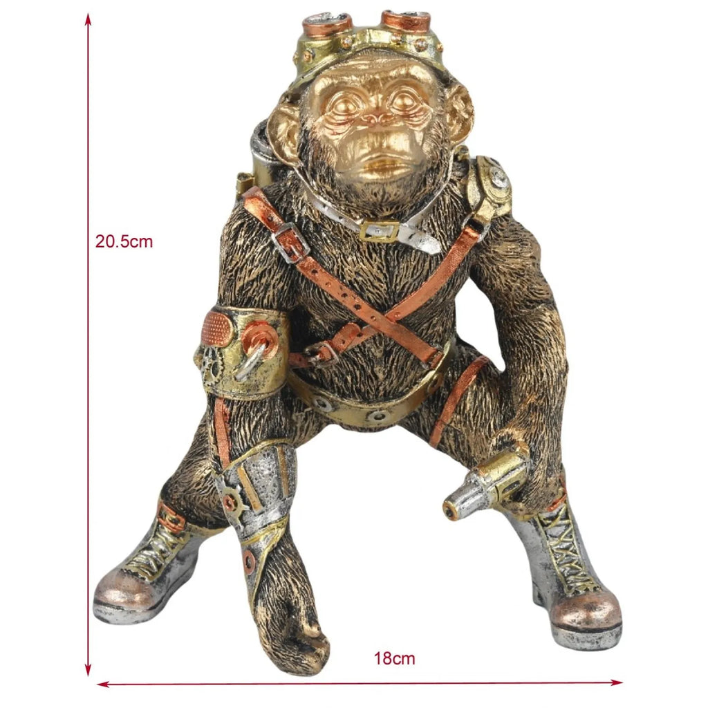 Decorative monkey figurine with steampunk elements and measurements on a white background-Mystic-Cave