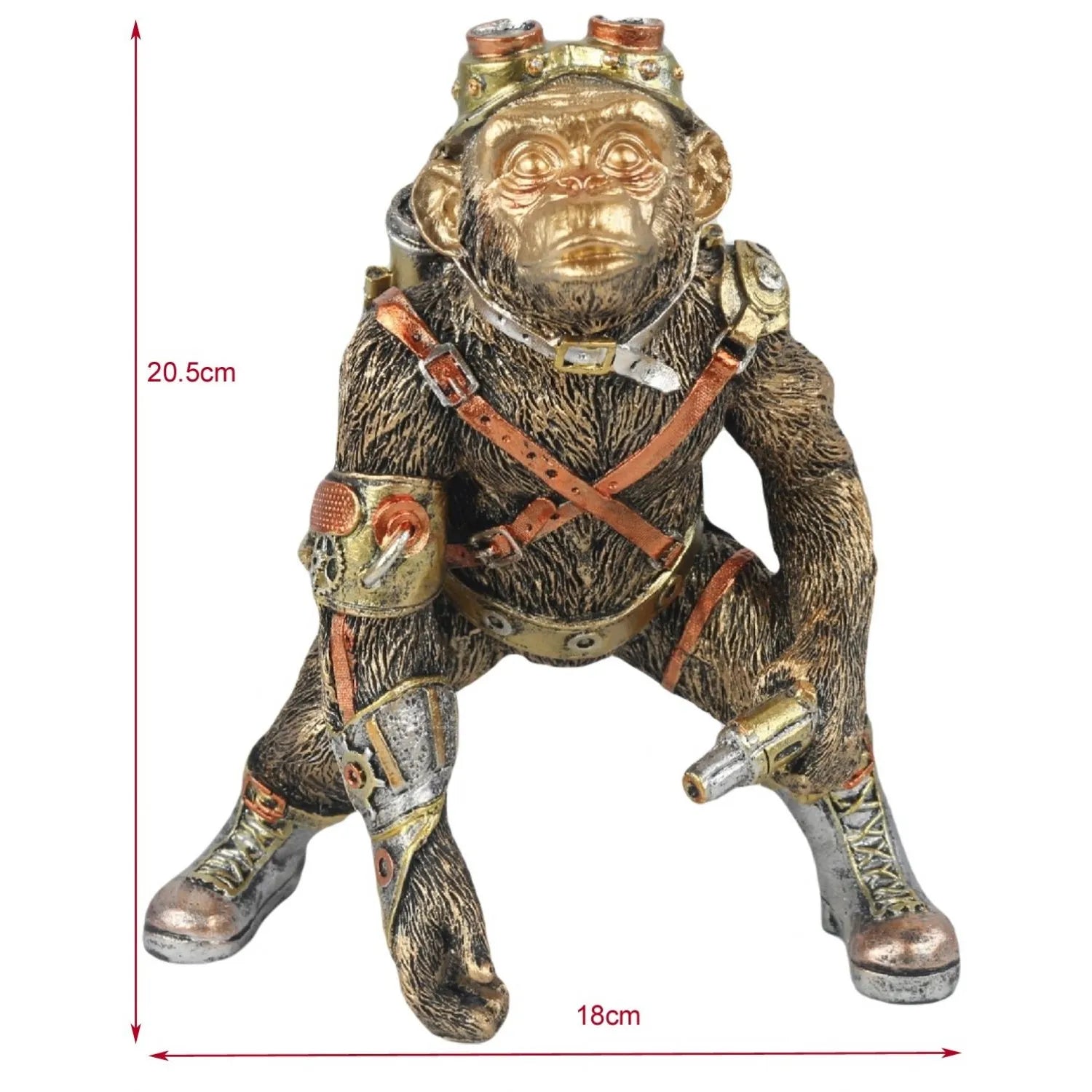 Decorative monkey figurine with steampunk elements and measurements on a white background-Mystic-Cave