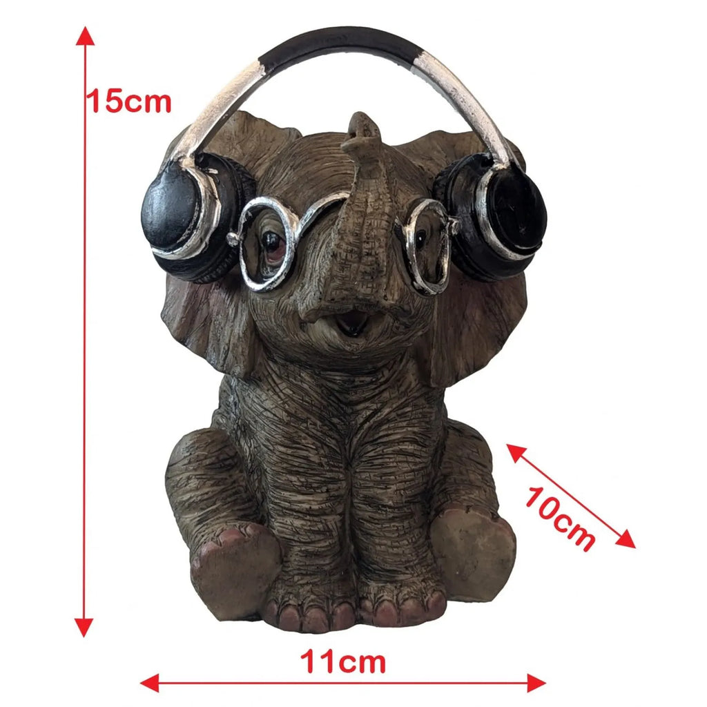 Statue of an elephant wearing headphones and goggles with dimensions indicated.-Mystic-Cave