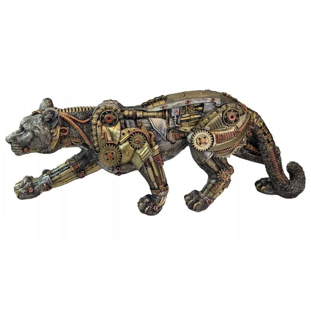 Mechanical panther figurine with gears and metal components on a white background-Mystic-Cave