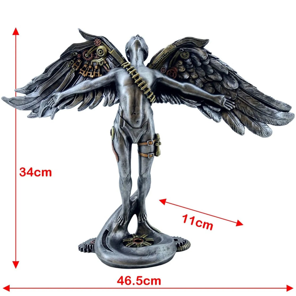 Steampunk angel statue with dimensions indicated on a white background-Mystic-Cave