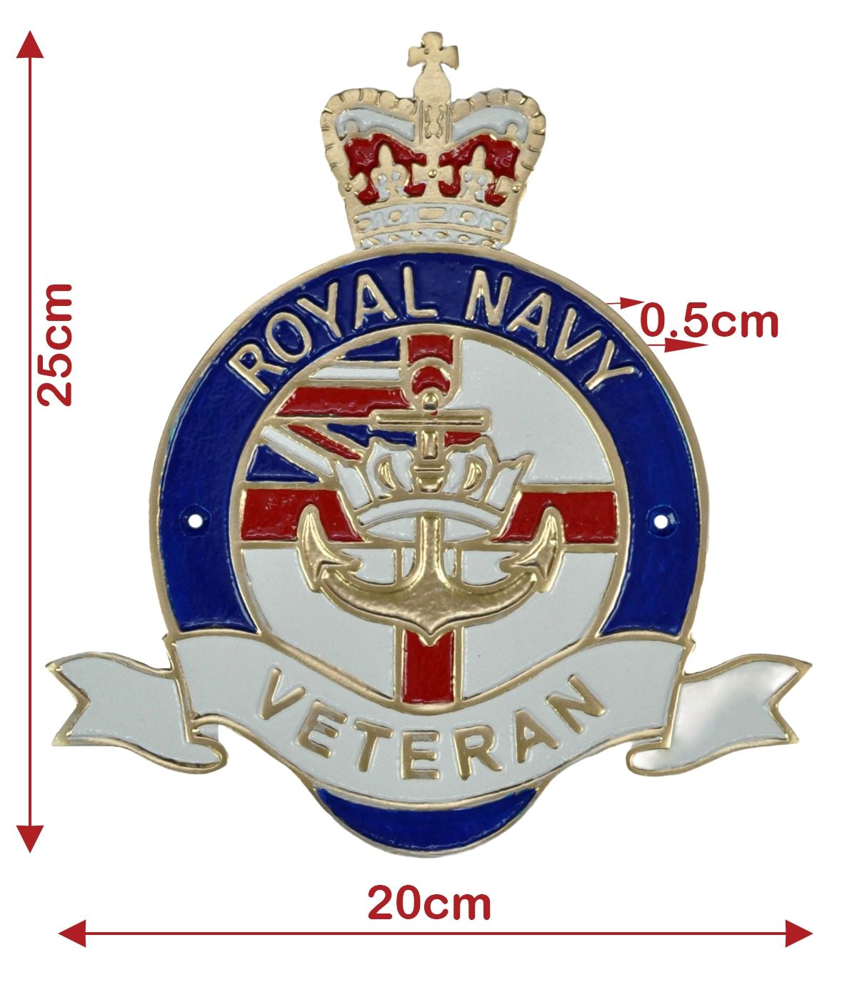 Royal Navy Veteran badge with a crown, blue, white, and red enamel, and gold-toned metal outlines, shown with red dimension arrows and labels on a white background.