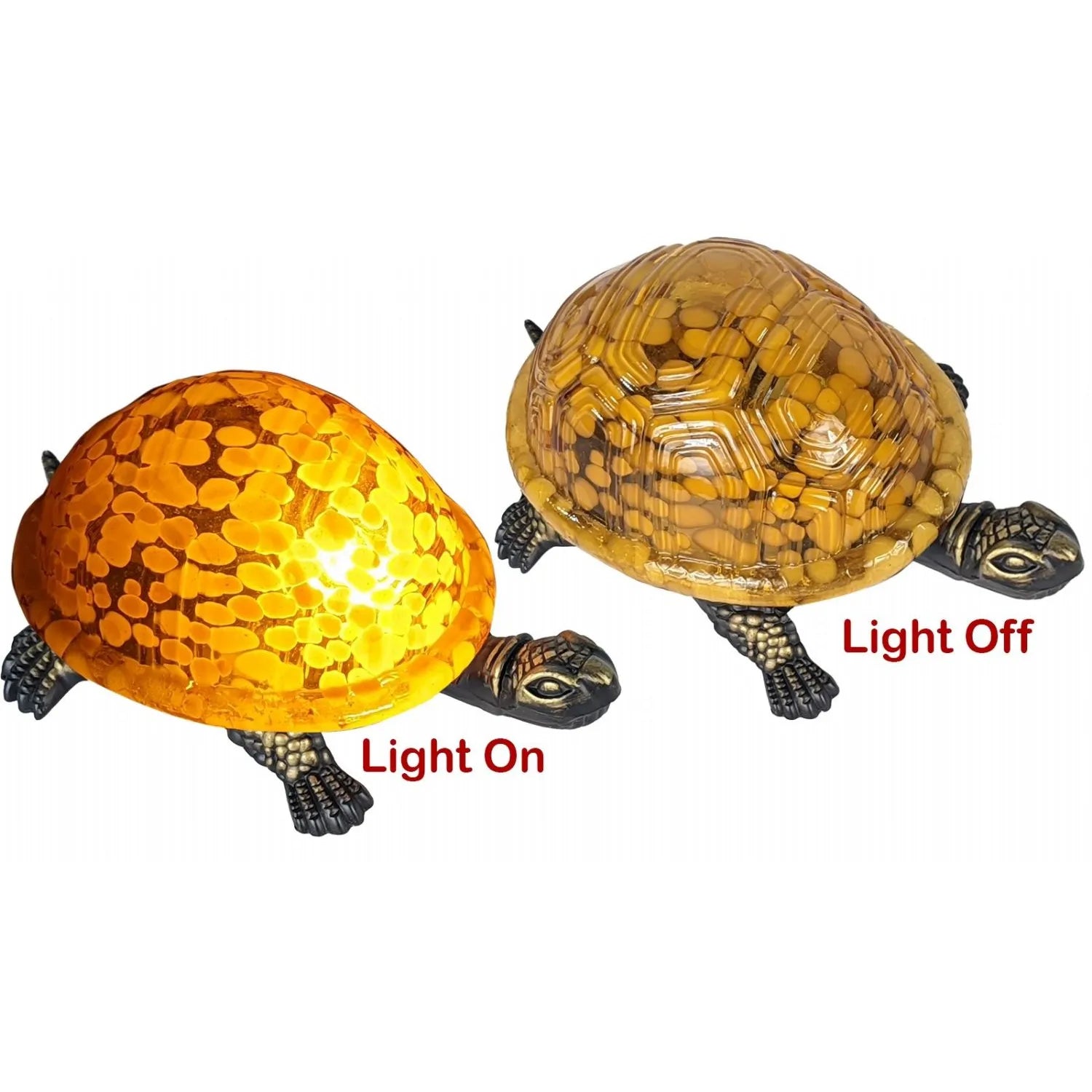 Two turtle-shaped lamps, one lit and one not, on a white background.-Mystic-Cave