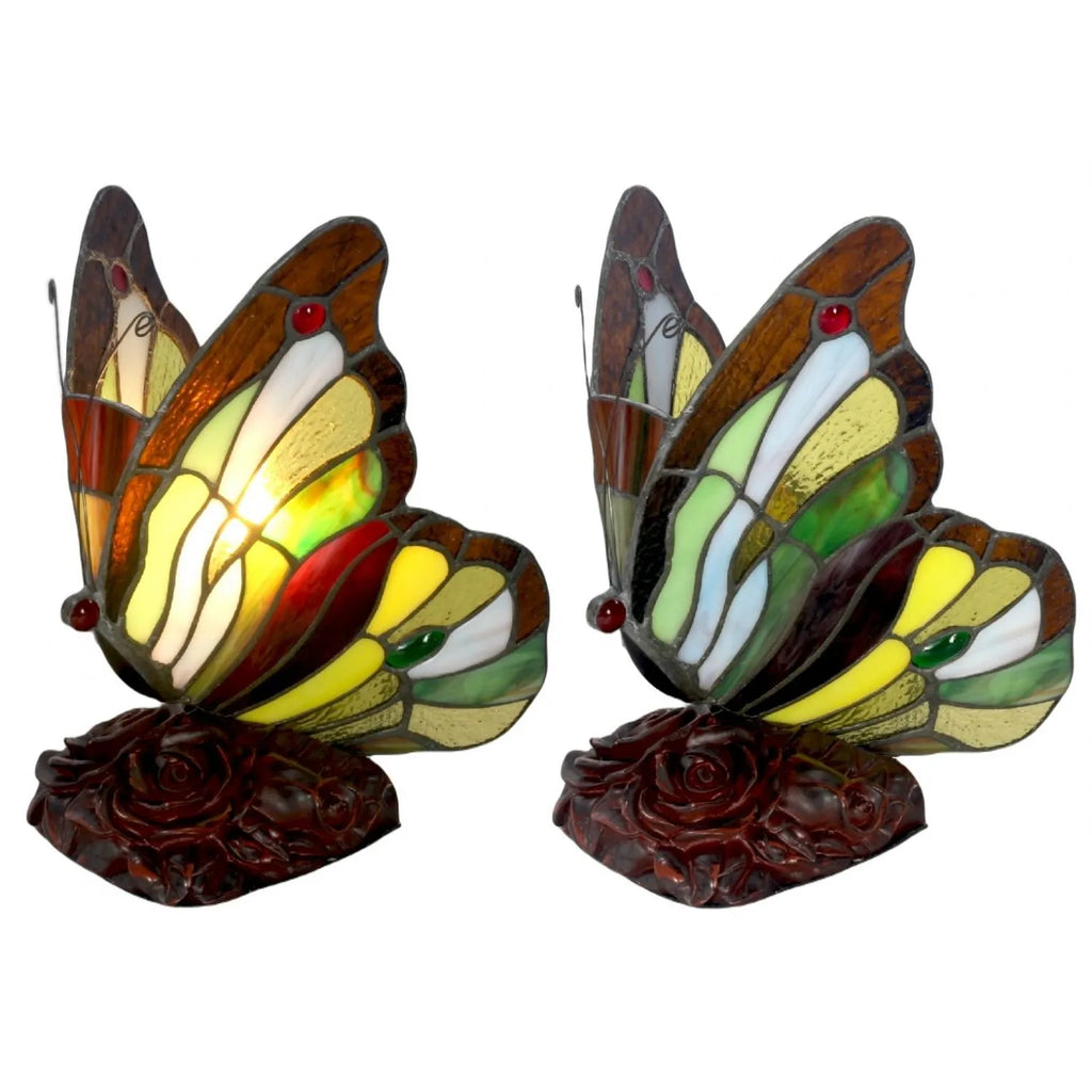 Two stained glass butterfly lamps on a white background-Mystic-Cave