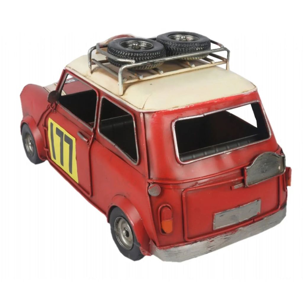 Red vintage-style van model with a beige roof and yellow number '117' on a white background-Mystic-Cave