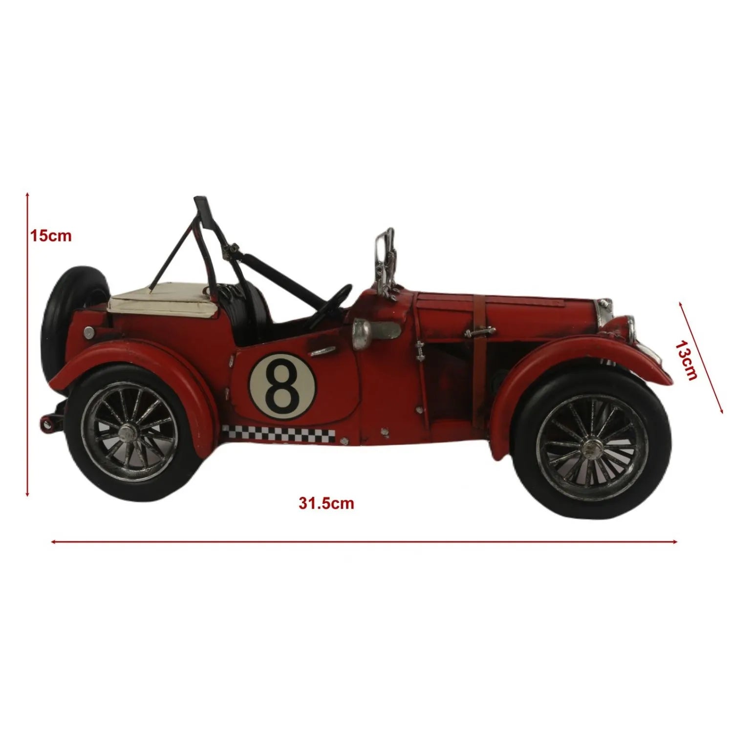 Red vintage car model with dimensions on a white background-Mystic-Cave
