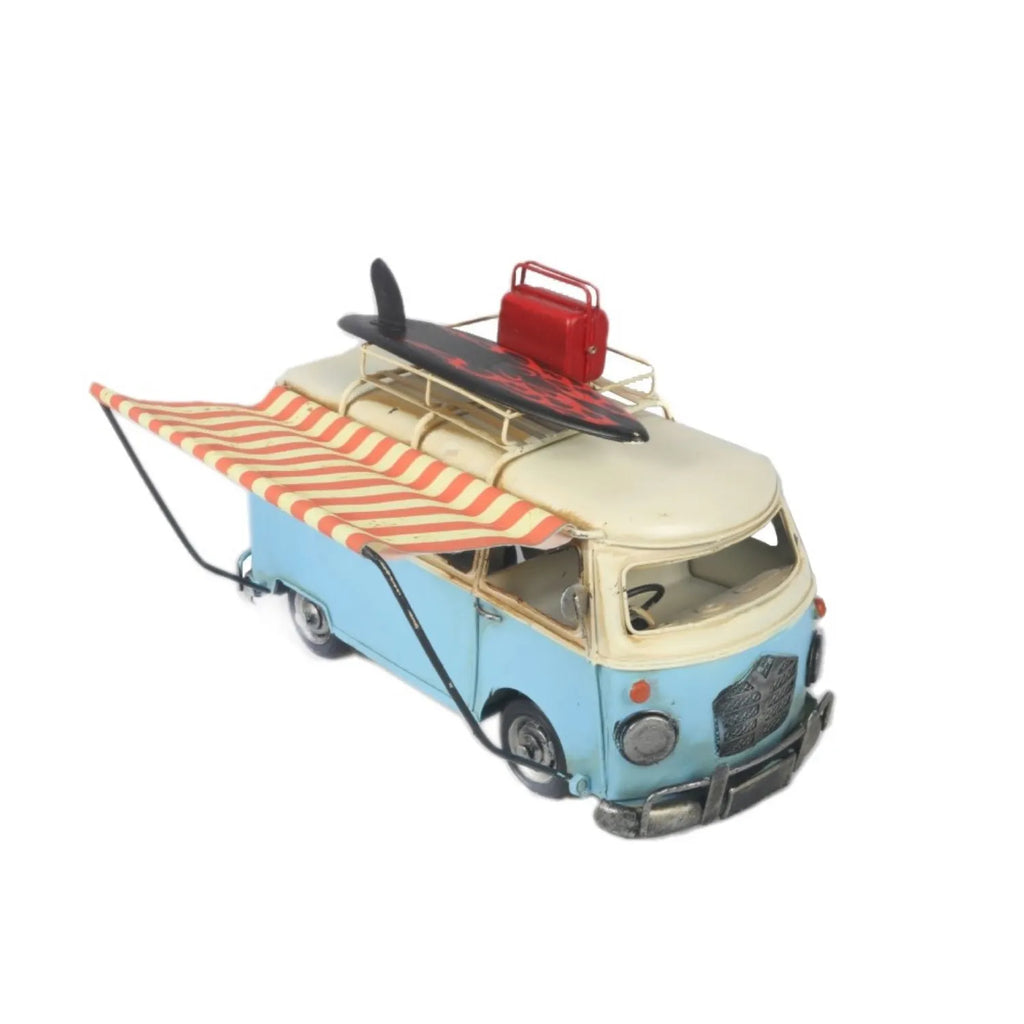 Model of a vintage van with a surfboard and beach umbrella on a white background-Mystic-Cave