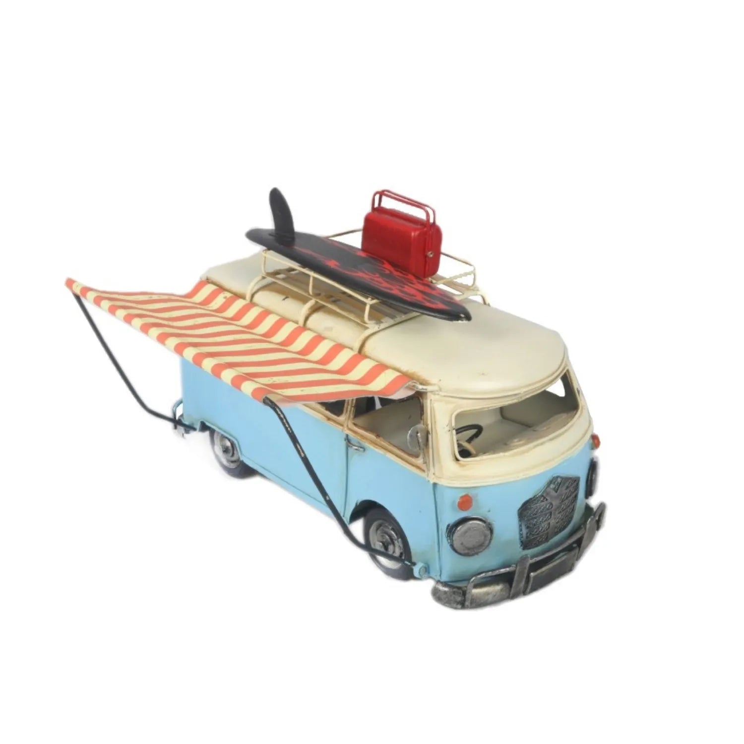 Model of a vintage van with a surfboard and beach umbrella on a white background-Mystic-Cave
