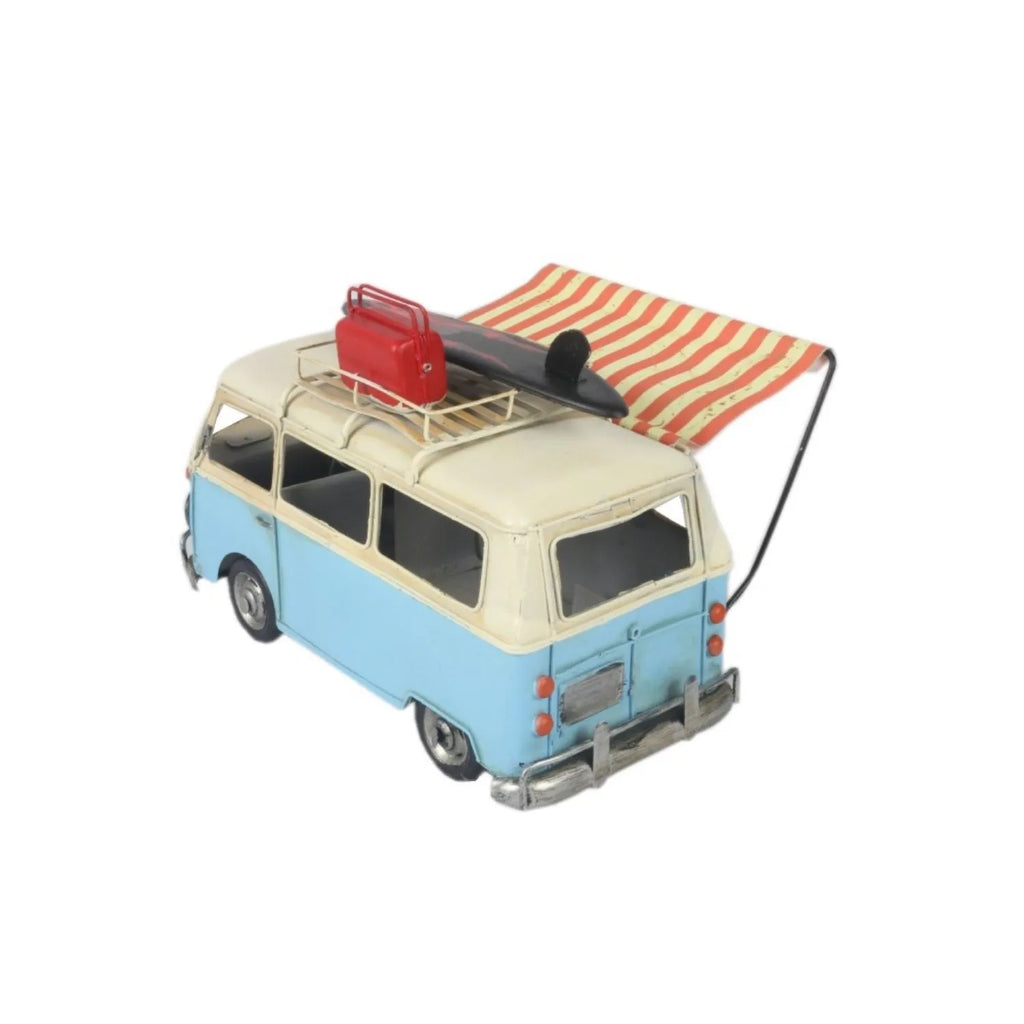 Model of a vintage van with a striped awning on a white background-Mystic-Cave