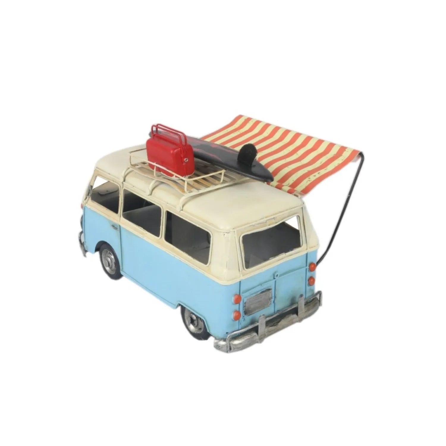 Model of a vintage van with a striped awning on a white background-Mystic-Cave
