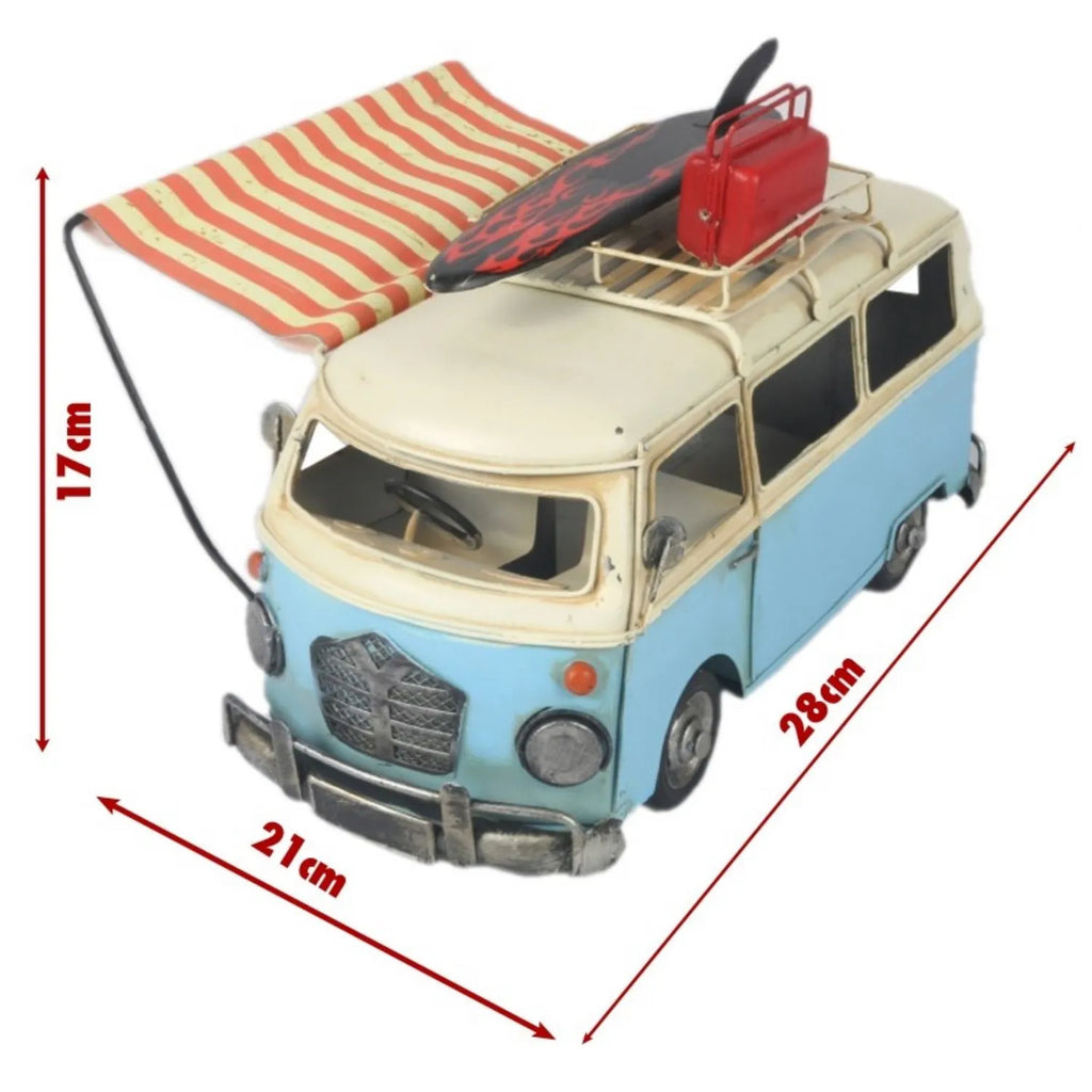 Model van with surfboard and umbrella, shown with dimensions on a white background-Mystic-Cave