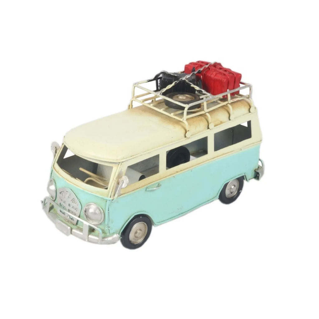 Model of a vintage van with a beige top and light blue body on a white background-Mystic-Cave