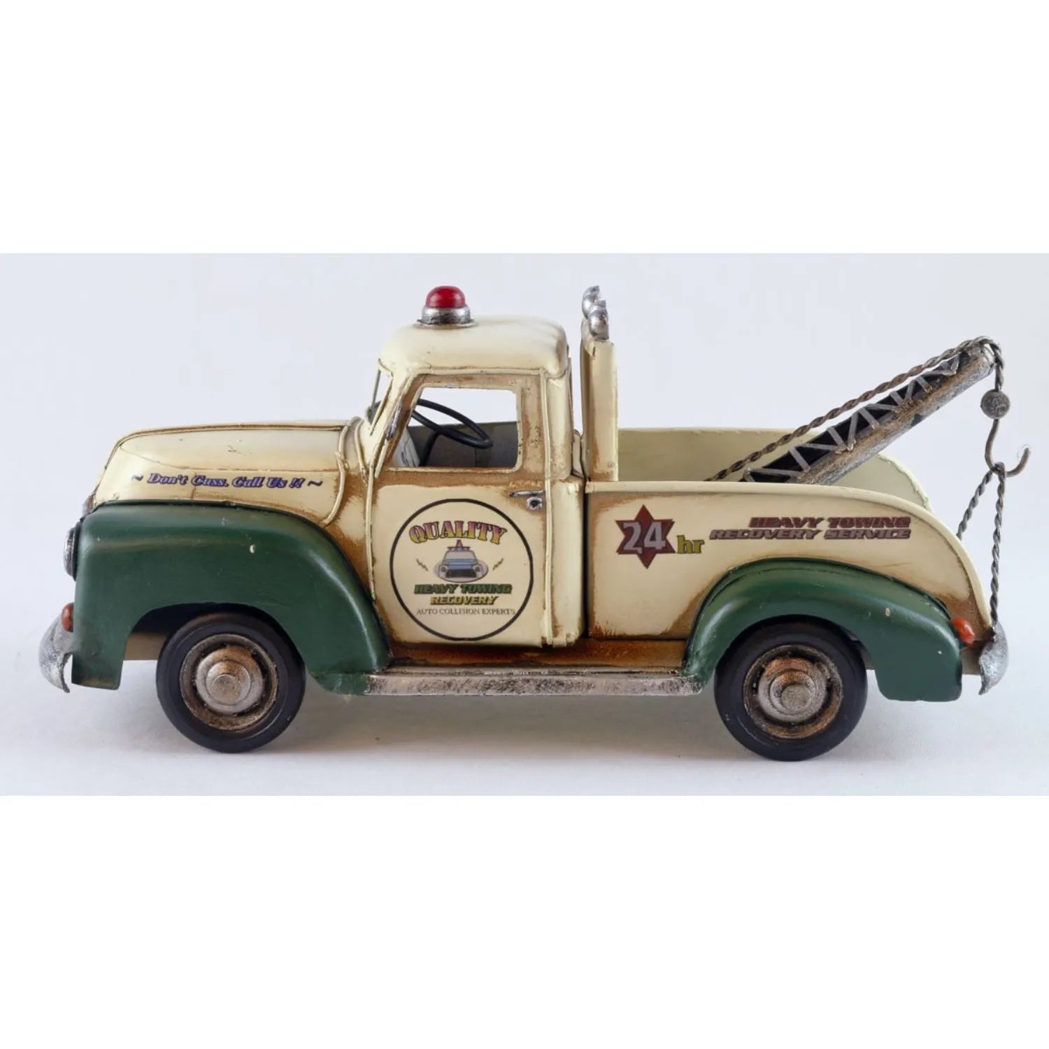 Model tow truck with vintage design on a white background-Mystic-Cave