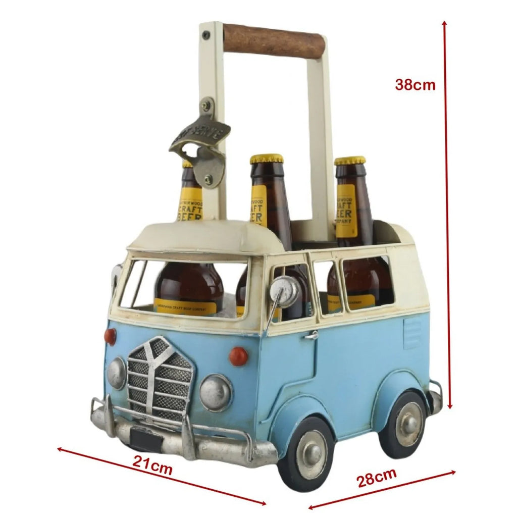 Vintage van-shaped bottle carrier with four bottles and a bottle opener, featuring measurements on a white background.-Mystic-Cave