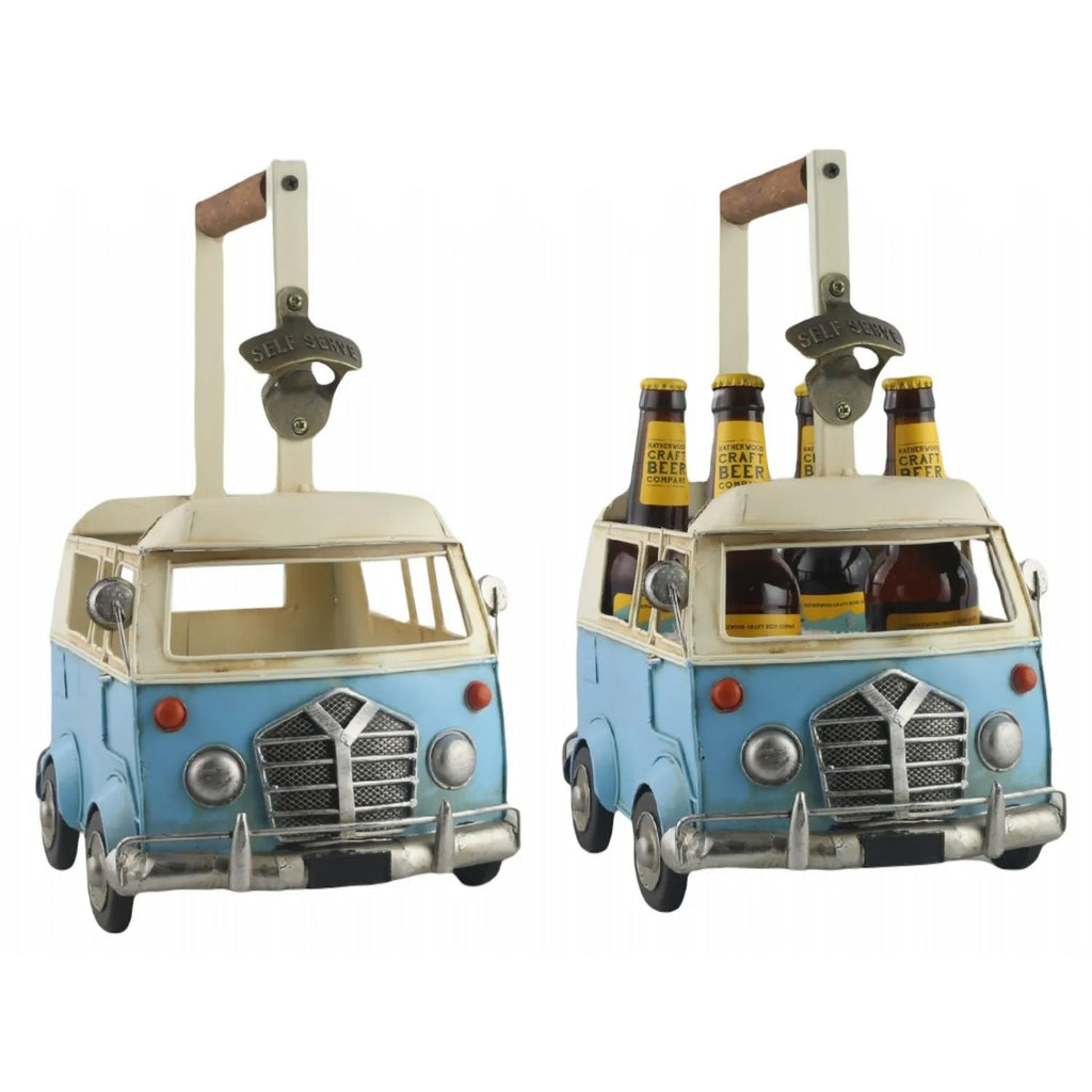 Two blue van-shaped bottle carriers with bottle openers on a white background-Mystic-Cave