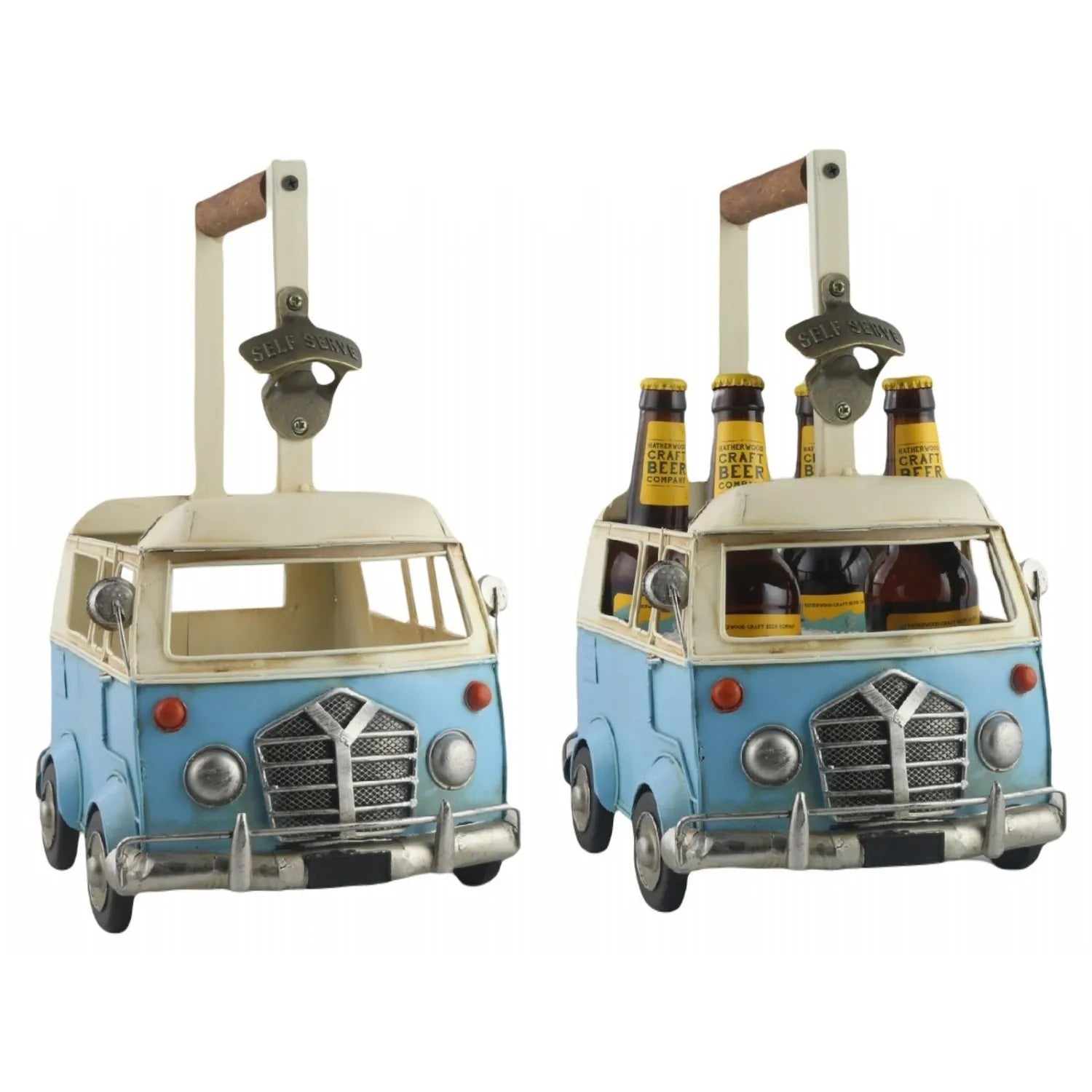Two blue van-shaped bottle carriers with bottle openers on a white background-Mystic-Cave
