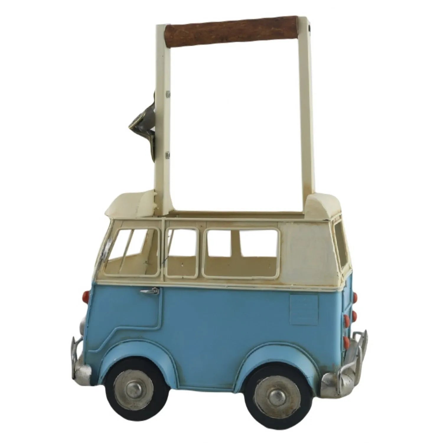 Blue and beige vintage-style toy van with a handle on a white background-Mystic-Cave