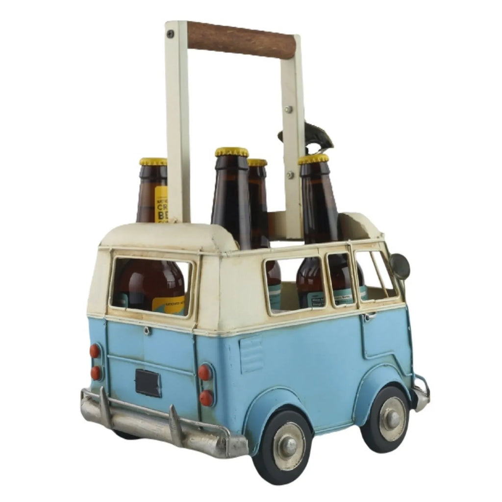 Blue and white van-shaped beer carrier with bottles on a white background-Mystic-Cave