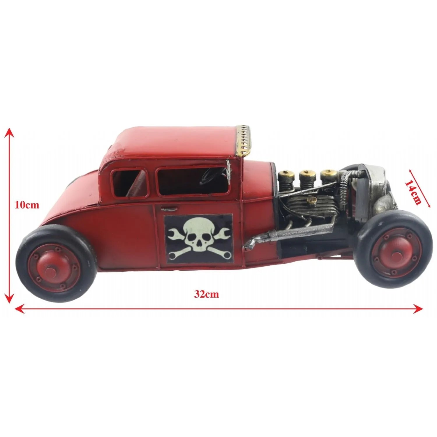 Red model car with skull design and measurements on a white background-Mystic-Cave