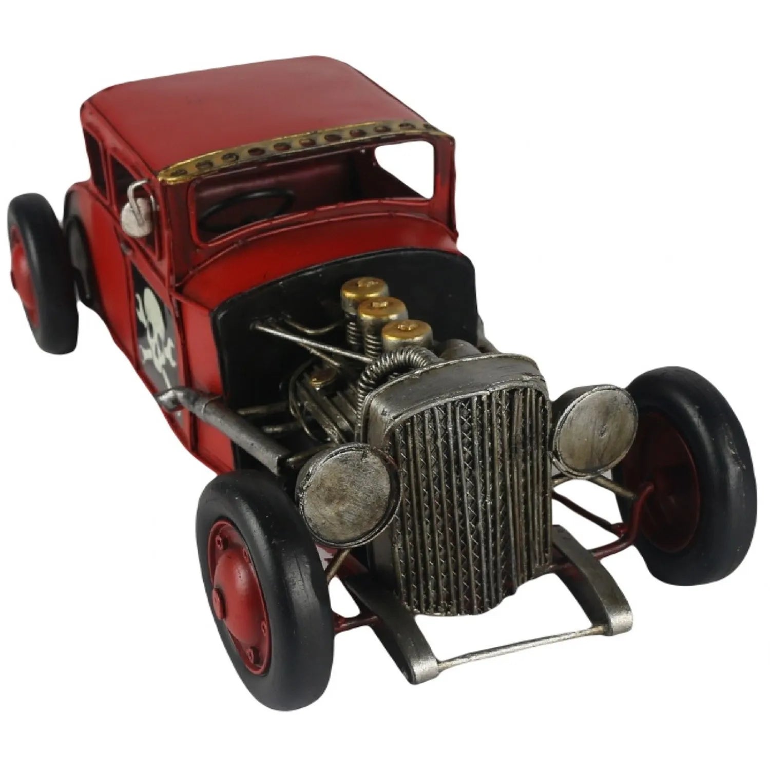 Model of a red vintage car with a detailed engine on a white background-Mystic-Cave