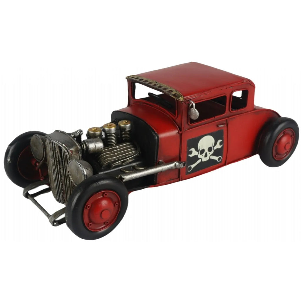 Red vintage-style model car with a skull and crossbones design on a white background-Mystic-Cave