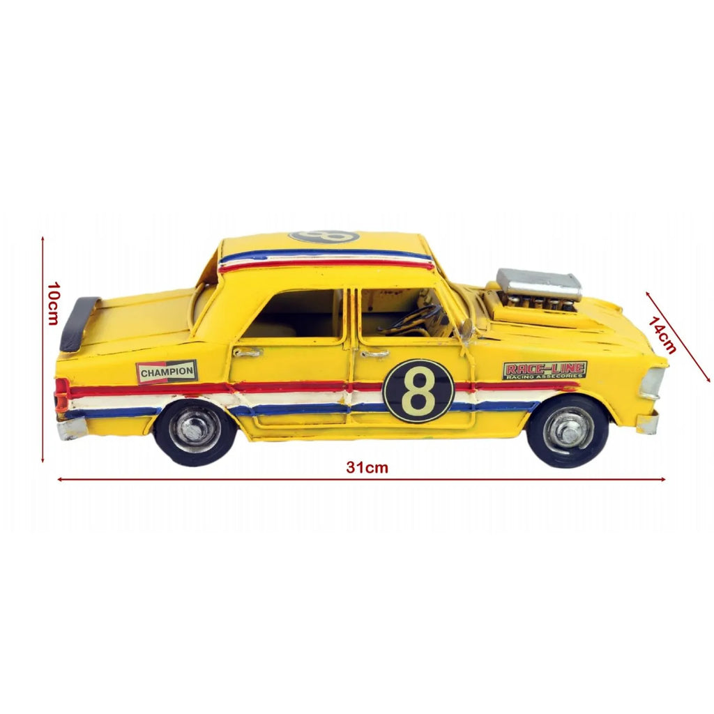 Yellow model car with racing stripes and number 8, shown with dimensions on a white background.-Mystic-Cave