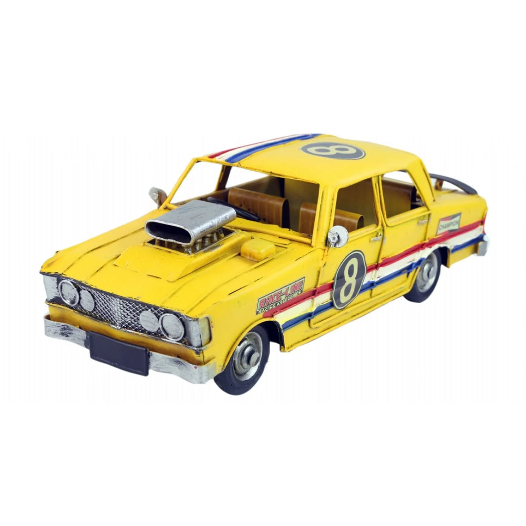 Yellow toy car with racing stripes and number 8 on a white background-Mystic-Cave