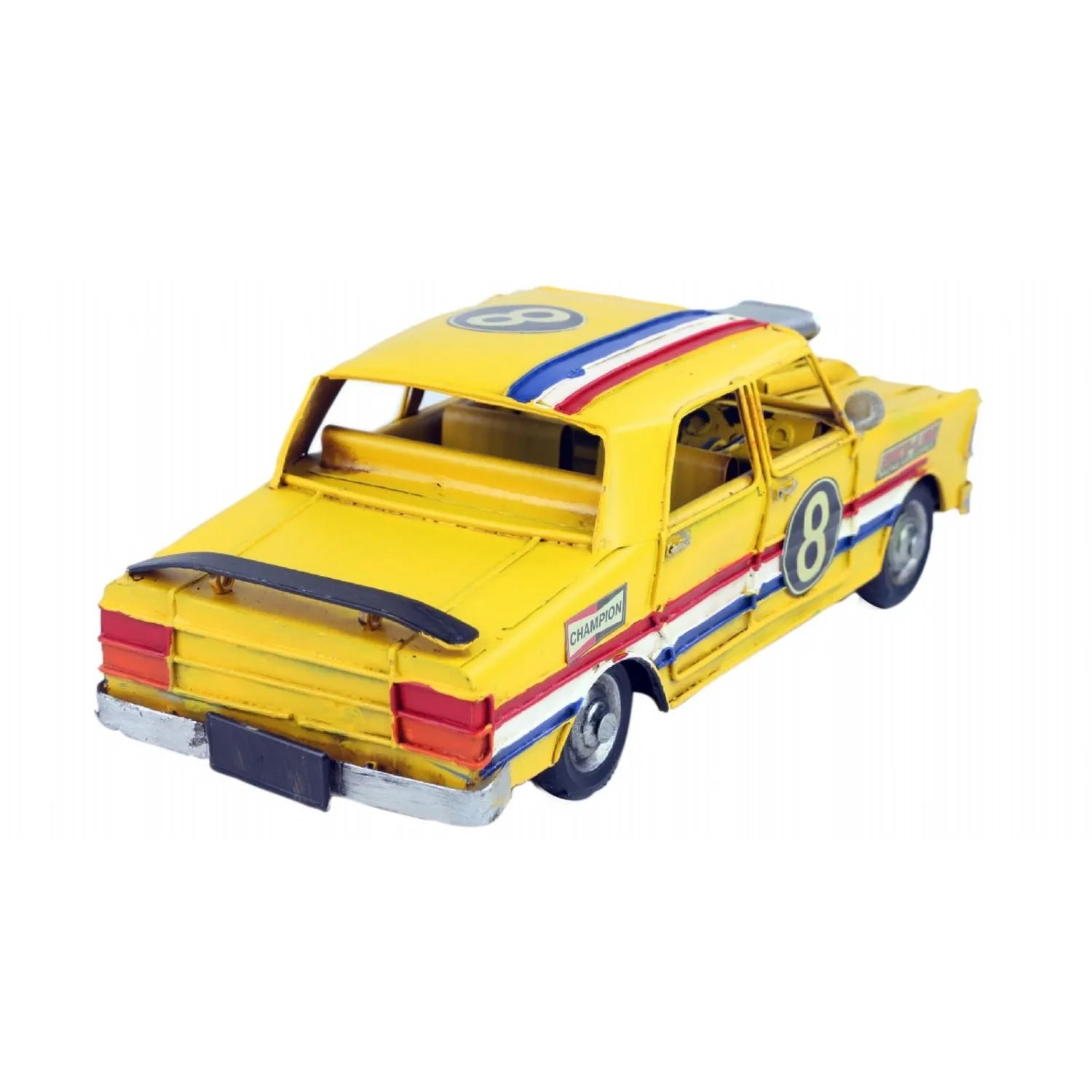 Yellow toy truck with racing stripes on a white background-Mystic-Cave