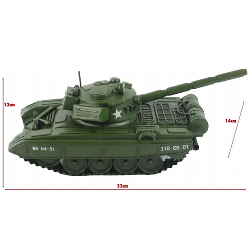 Green toy tank with measurements on a white background-Mystic-Cave
