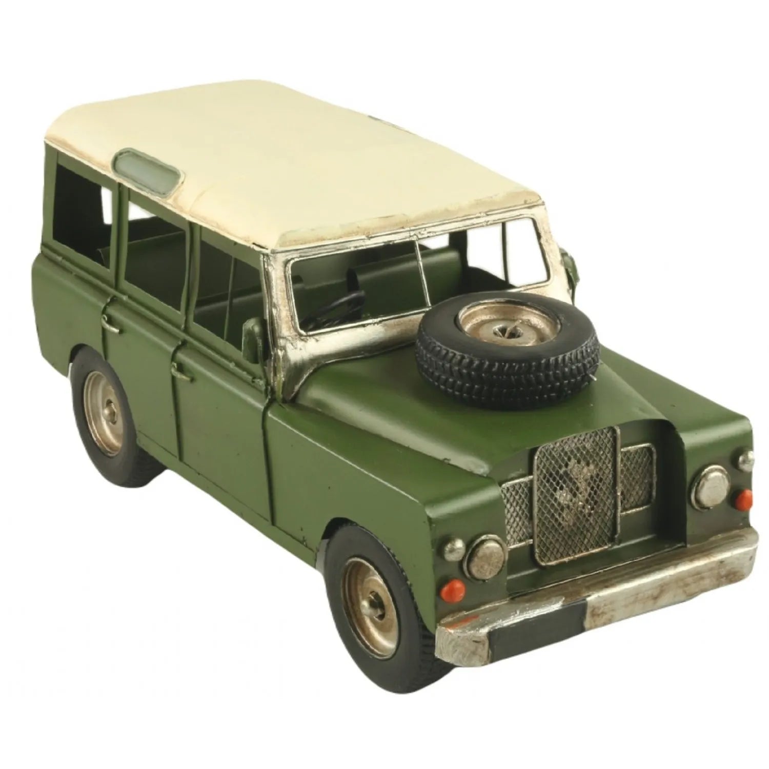 Model of a green Land Rover vehicle with beige roof on a white background-Mystic-Cave