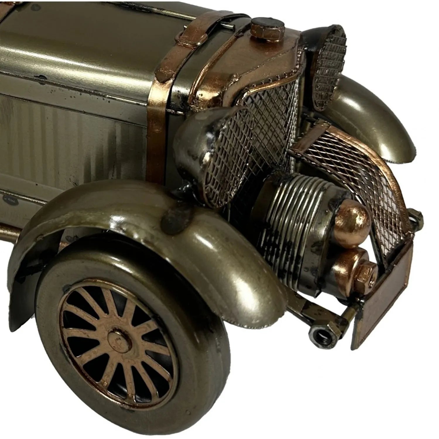 Close-up of a metallic model car with detailed engine and wheels on a white background-Mystic-Cave