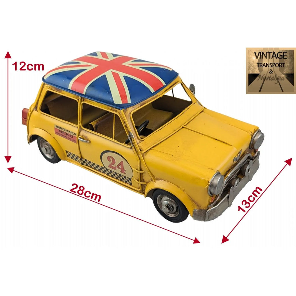 Yellow model car with British flag on roof, dimensions indicated, on white background-Mystic-Cave