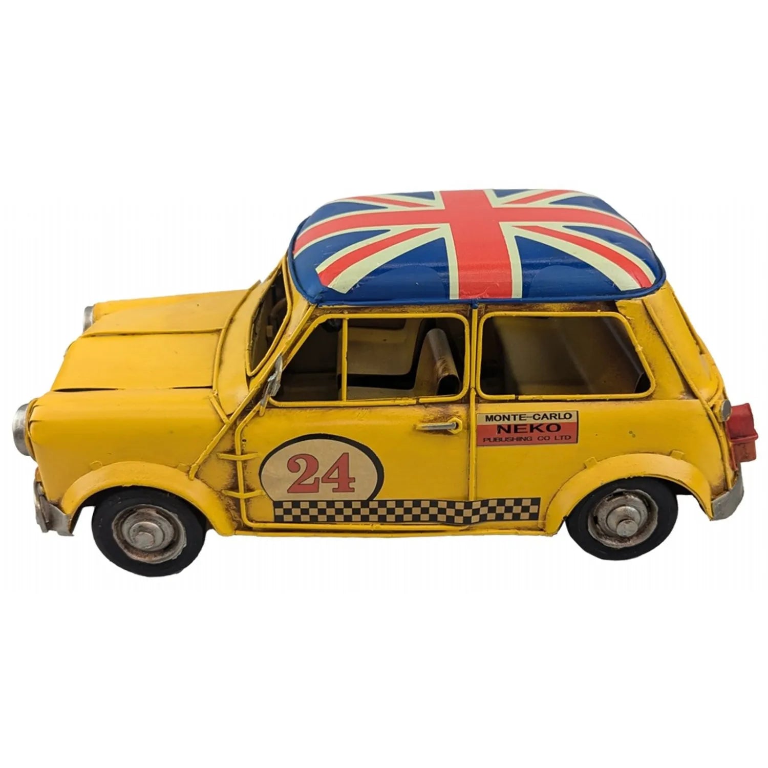Yellow toy car with a Union Jack on the roof against a white background-Mystic-Cave
