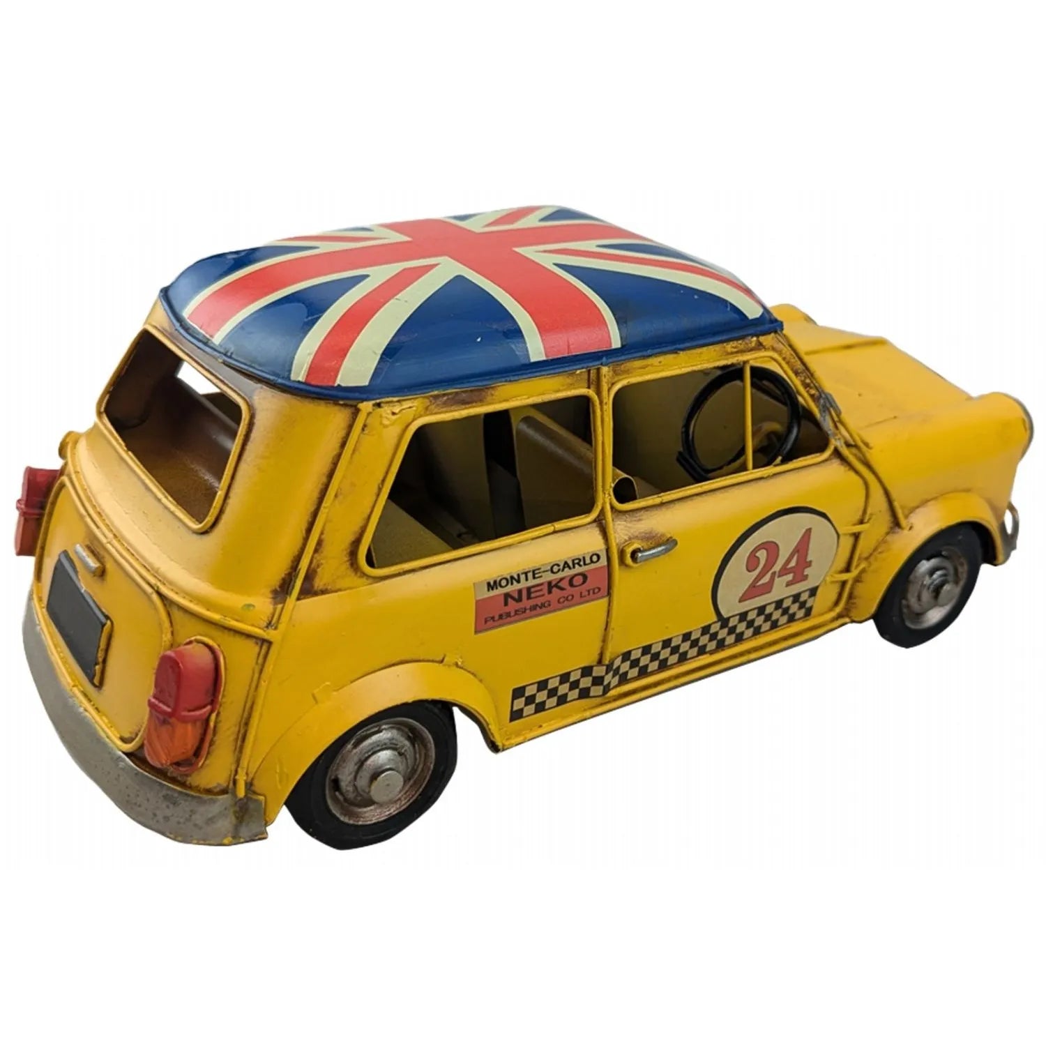 Yellow toy car with British flag on top and '24' logo on a white background-Mystic-Cave