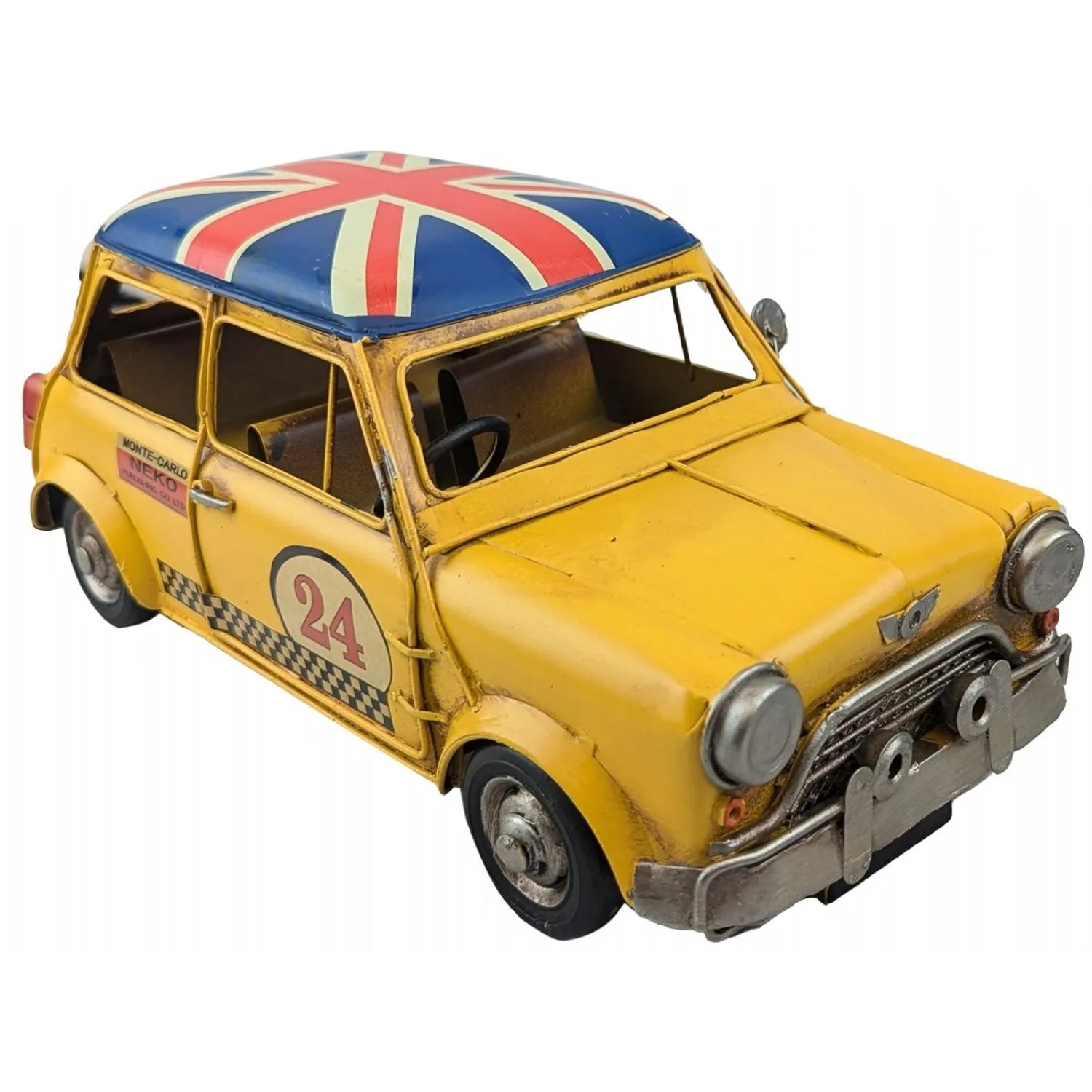 Yellow model car with British flag on roof against a white background-Mystic-Cave
