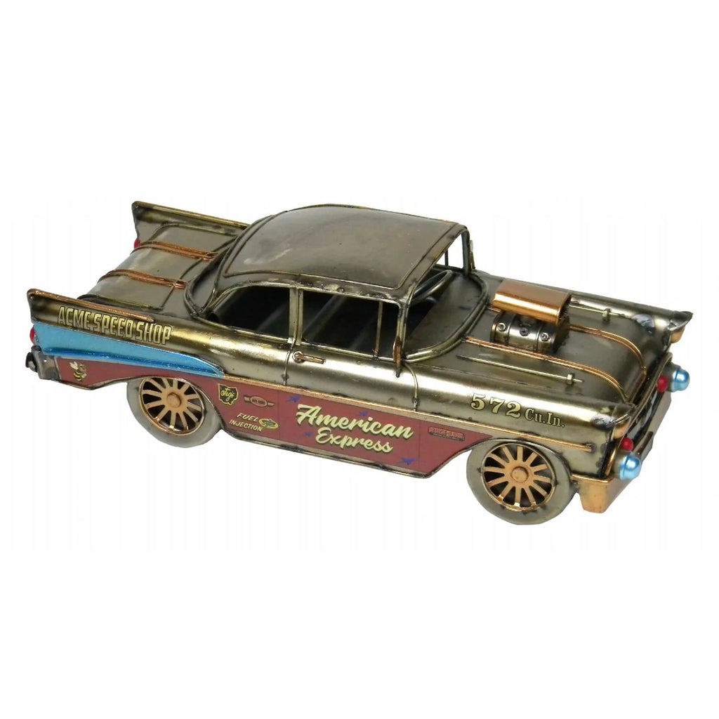 Metallic model of a classic car with 'American Express' branding on a white background-Mystic-Cave