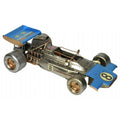 Model race car with blue and silver design on a white background-Mystic Cave 