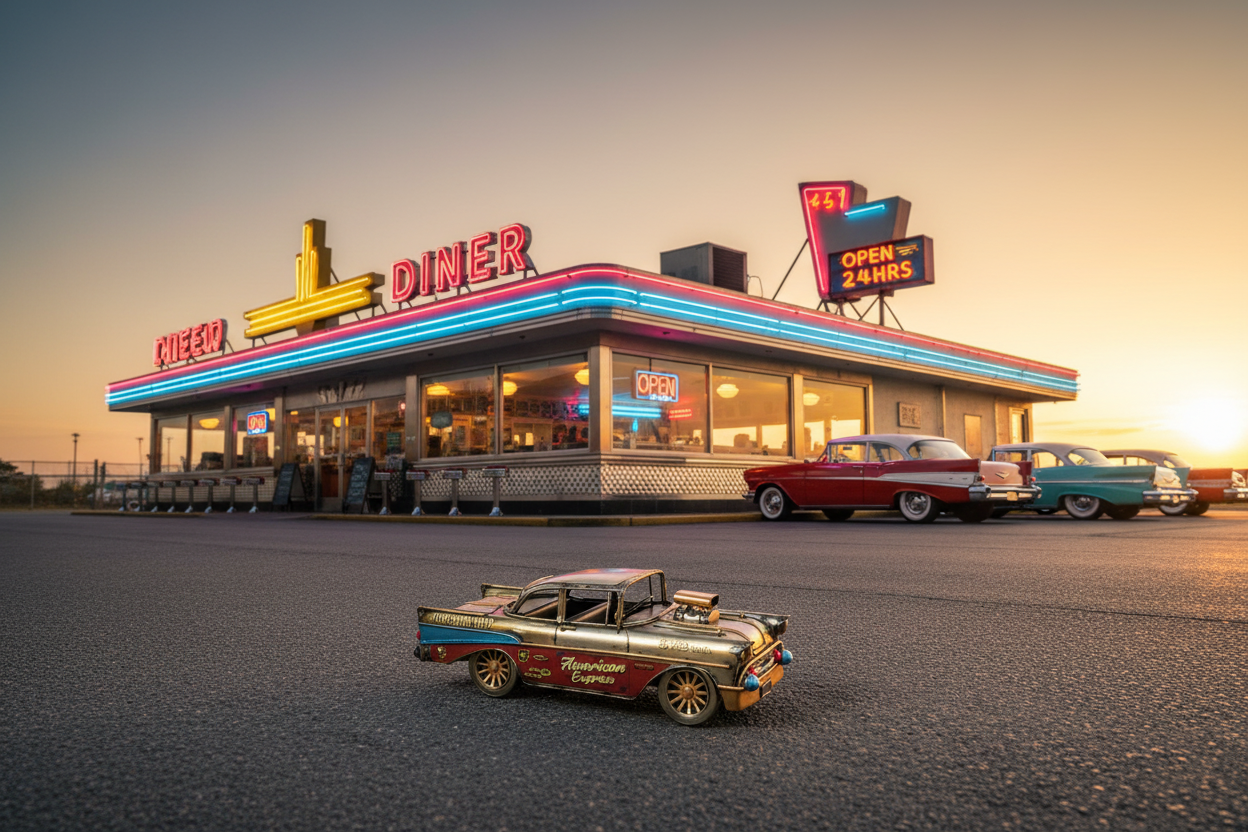 50s Car American Diner Scene-Mystic-Cave