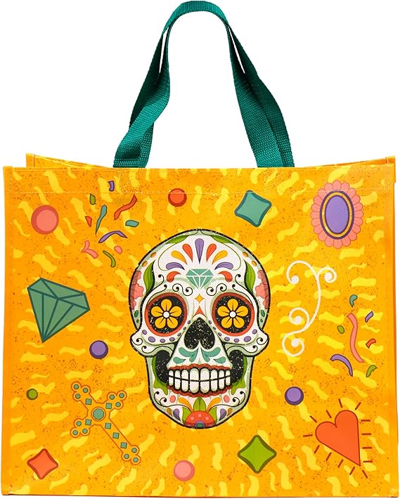 Colorful skull design on a yellow bag with green handles-Mystic-Cave