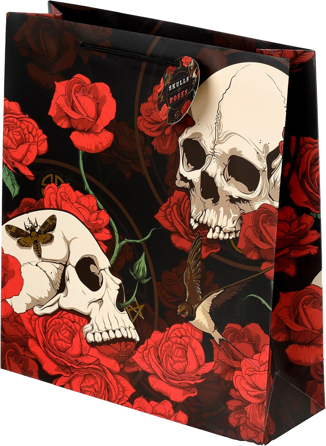 Glossy gift bag with skull and red rose design on a black background-Mystic-Cave