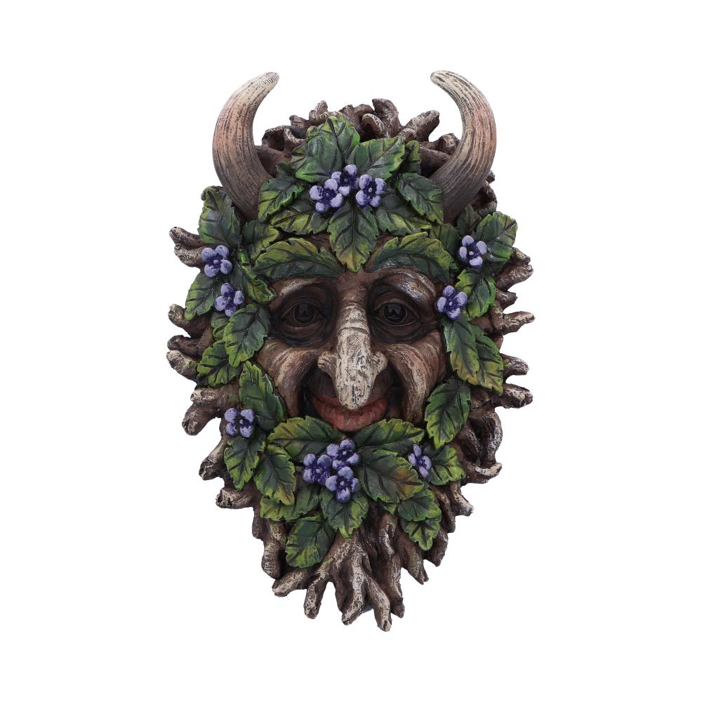 Decorative mask with a face surrounded by leaves and flowers on a white background Mystic-cave