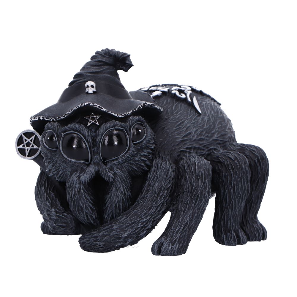 Black spider figurine wearing a witch hat with skull and pentacle designs on a white background-Mystic-Cave