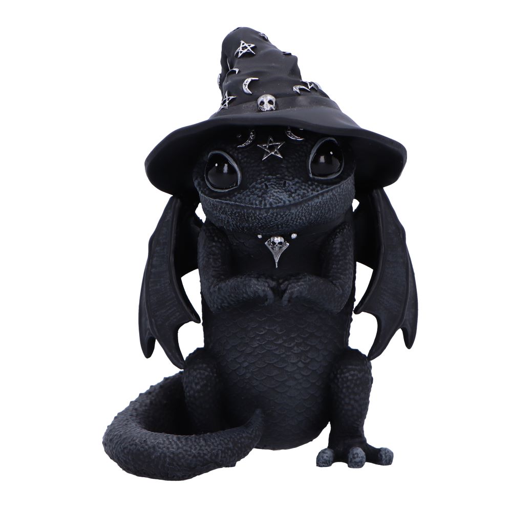 Black dragon plush toy with a witch hat on a white background-Mystic-Cave