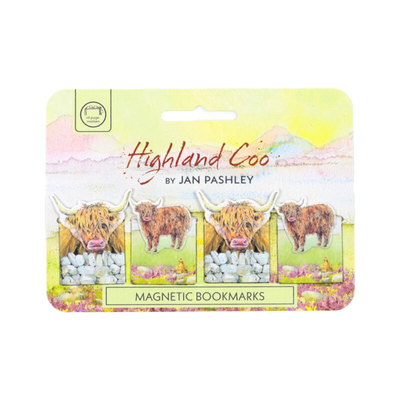 Pack of magnetic bookmarks with Highland cow design by Jan Pashley on a white background-Mystic-cave