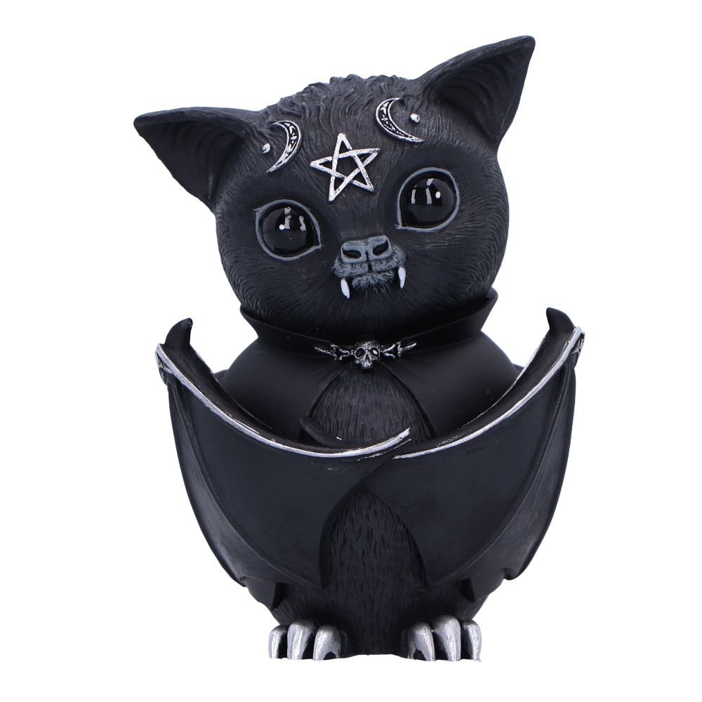 Black cat figurine with bat wings and decorative elements on a white background-Mystic-Cave