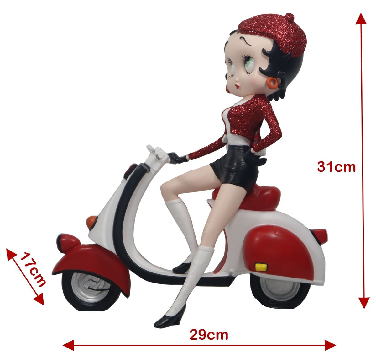Betty Boop on Scooter with Red Glitter Hat and Coat, 31cm