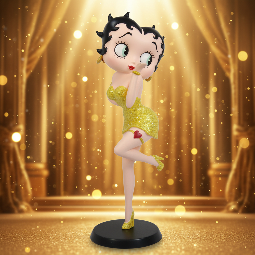 Betty Boop classic pose yellow glitter figurine with warm golden glamorous Hollywood background and sparkling bokeh